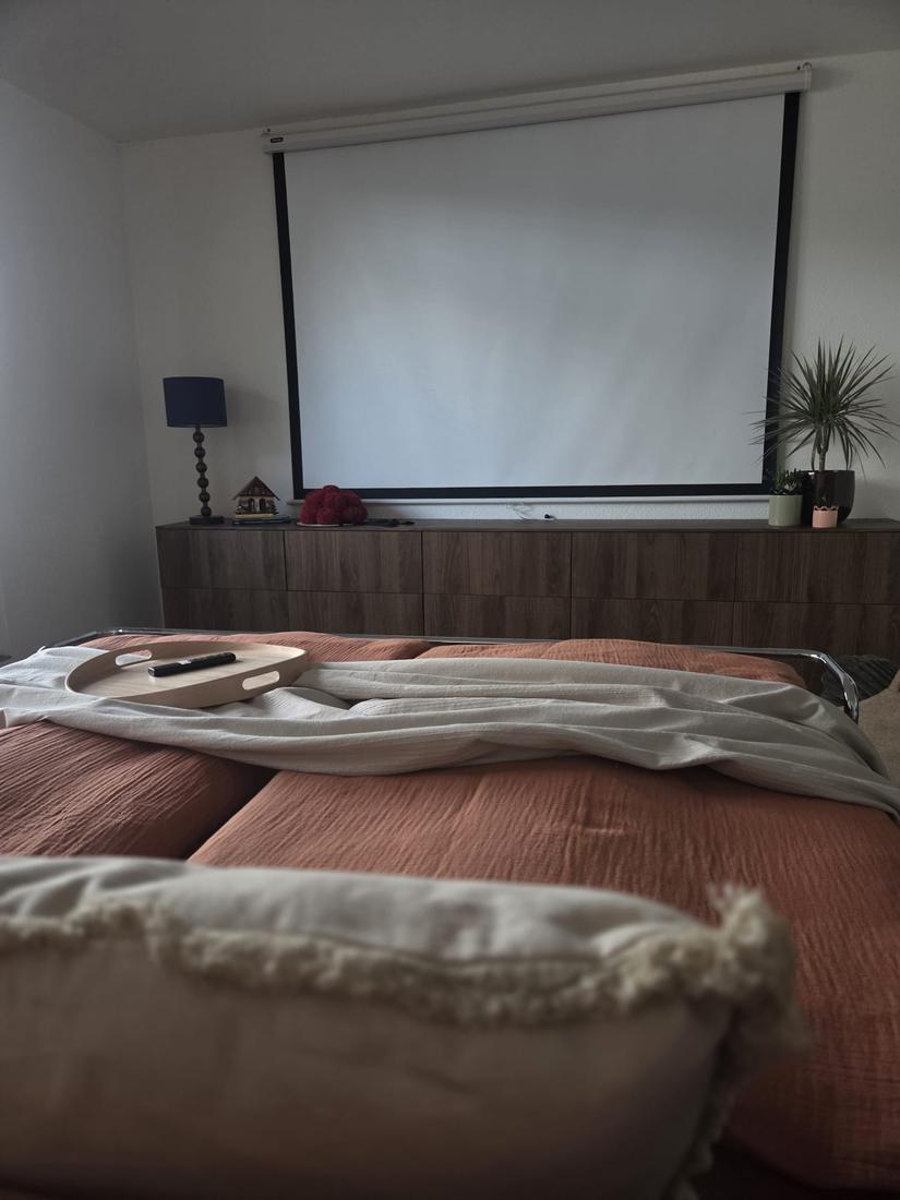 Beamer und Leinwand für den Kinoabend